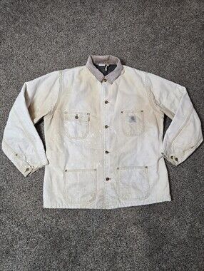 Vintage Carhartt Thrashed Blanket Lined Canvas Chore Coat Men's XL Tan 80s/90s